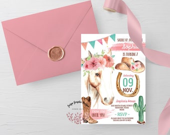 Cowgirl Birthday Party Invitation - Cowgirl Watercolor Invitation - Horse Party - Digital Invitation