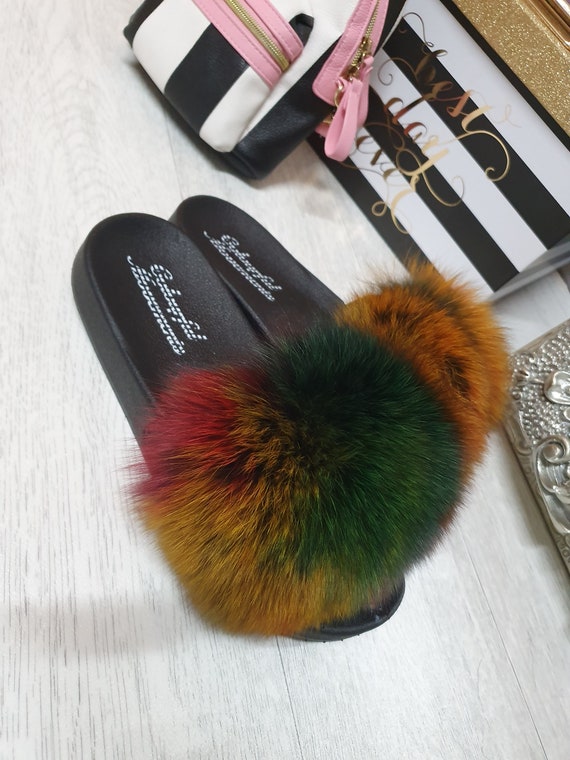 multi coloured fur sliders