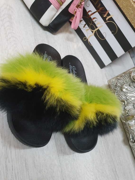 multi coloured fur sliders