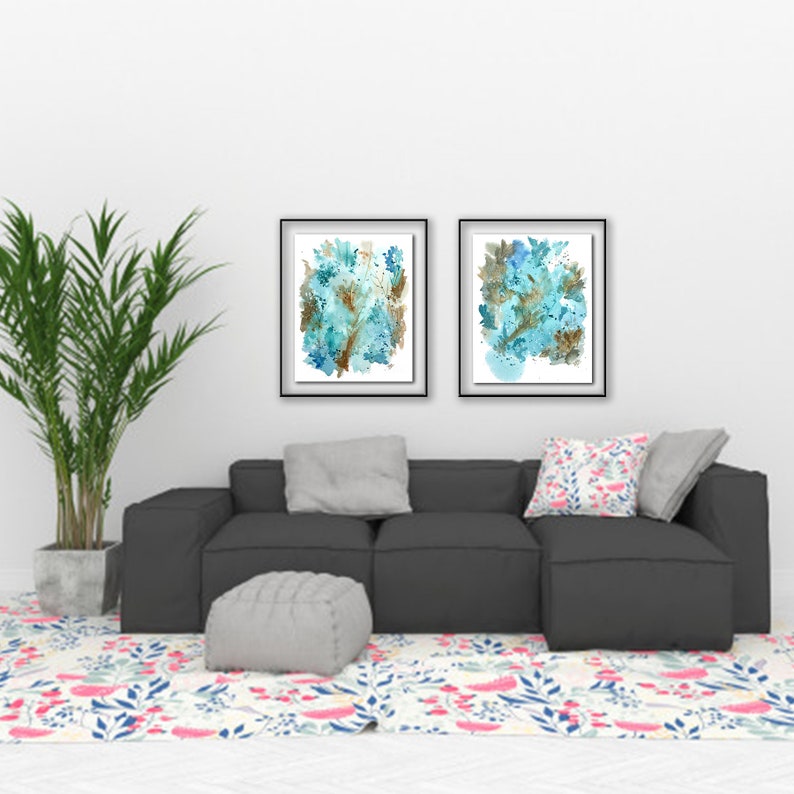 TEAL ABSTRACT LEAVES Print #1 Watercolor Traditional Art Watercolor Giclee Printing