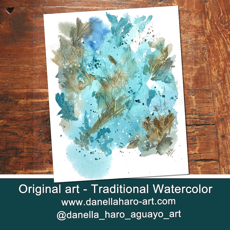 TEAL ABSTRACT LEAVES Print #1 Watercolor Traditional Art Watercolor Giclee Printing