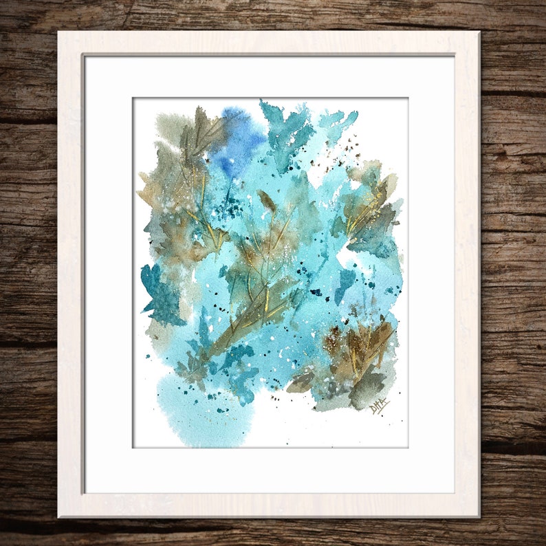 TEAL ABSTRACT LEAVES Print #1 Watercolor Traditional Art Watercolor Giclee Printing