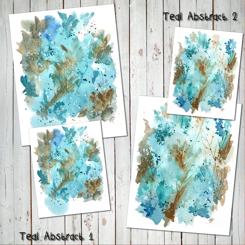 TEAL ABSTRACT LEAVES Print #1 Watercolor Traditional Art Watercolor Giclee Printing