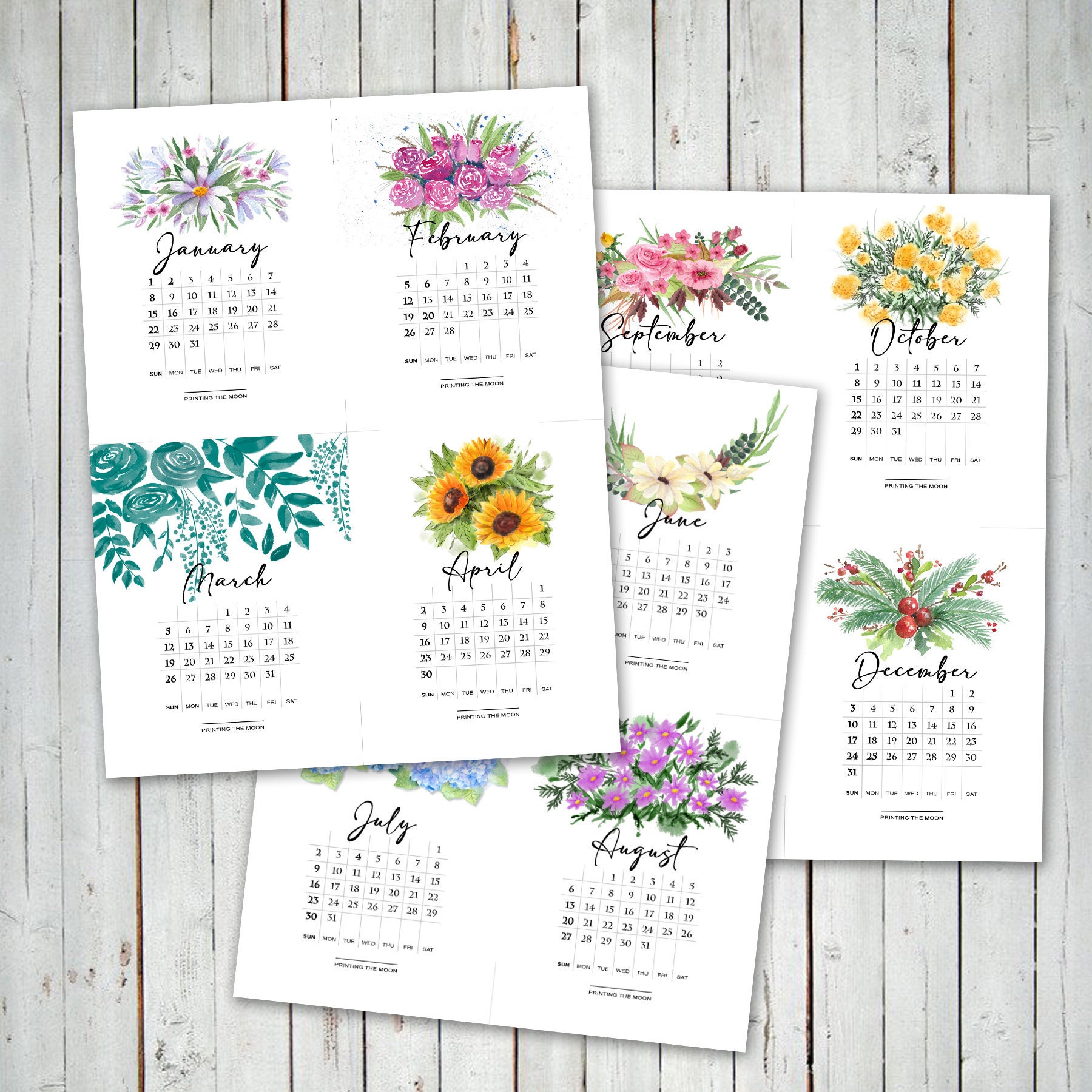 2024 Table Calendar Printable, MINI CALENDAR FLOWERS, Small Watercolor Flowers Calendar ...