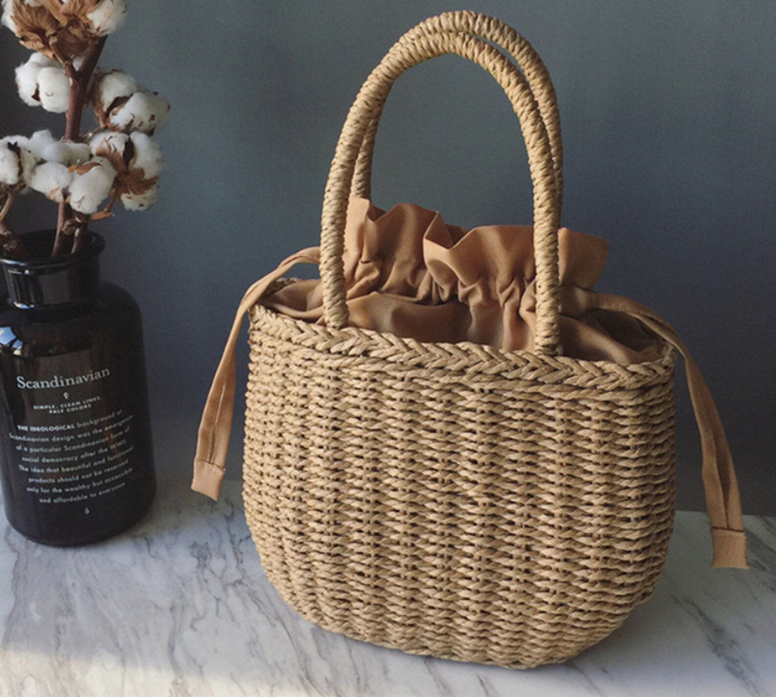 Drawstring straw bag solid color portable straw bag thick Etsy