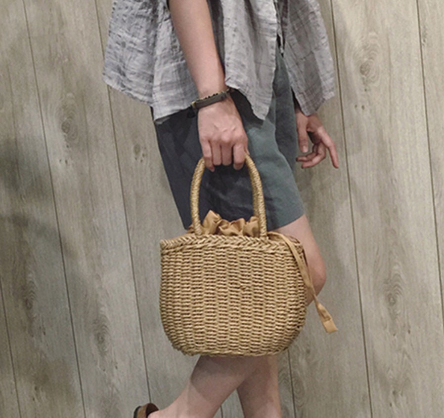 Drawstring straw bag solid color portable straw bag thick Etsy