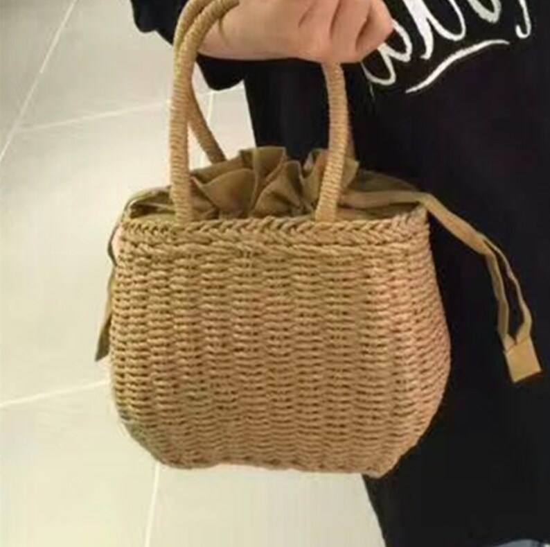 Drawstring Straw Bag Solid Color Portable Straw Bag Thick Etsy