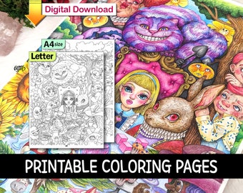 Wonderland tea party - Coloring page (Downloadable digital copy) for Adult. Pdf & Jpg file Letter(8.5"x11") and A4(21cm x 29.7cm)