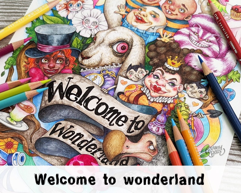 Welcome to wonderland Coloring page Downloadable digital copy for Adult. Pdf & Jpg file Letter8.5x11 and A421cm x 29.7cm image 2