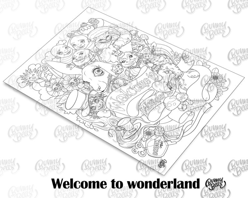 Welcome to wonderland Coloring page Downloadable digital copy for Adult. Pdf & Jpg file Letter8.5x11 and A421cm x 29.7cm image 6