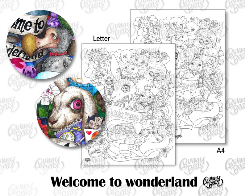 Welcome to wonderland Coloring page Downloadable digital copy for Adult. Pdf & Jpg file Letter8.5x11 and A421cm x 29.7cm image 5