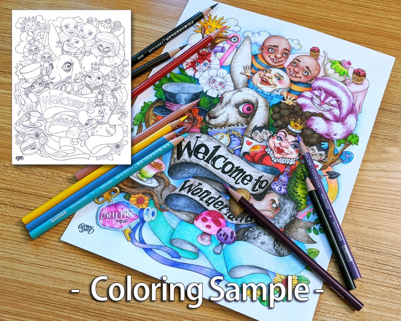 Welcome to wonderland Coloring page Downloadable digital copy for Adult. Pdf & Jpg file Letter8.5x11 and A421cm x 29.7cm image 3