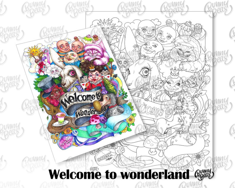 Welcome to wonderland Coloring page Downloadable digital copy for Adult. Pdf & Jpg file Letter8.5x11 and A421cm x 29.7cm image 4