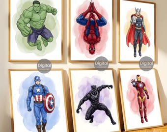Superhero Wall Art Set of 6, Watercolor Boys Nursery Wall Decor Spiderman Hulk Thor Iron Man Captain America Black Panther Digital Download