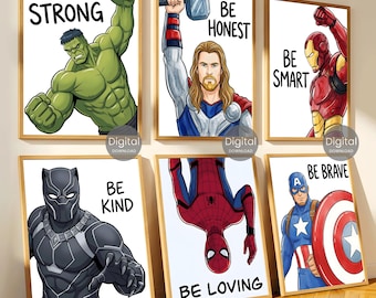 Superhero Nursery Prints Set of 6, Watercolor Boys Bedroom Decor, Spiderman Iron Man Hulk Thor Captain America Black Panther Poster Download