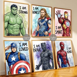 Superhero Prints Set Of 6, Watercolor Wall Art Boys Room Decor, Spiderman Iron Man Hulk Thor Captain America Black Panther Digital Download