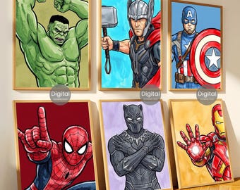 Boys Bedroom Superhero Wall Art Bundle Set of 6, Watercolor Spiderman Iron Man Hulk Thor Captain America Black Panther Printable Posters