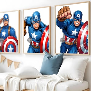 Captain America Inspired Wall Decor Set of 3, Superhero Prints for Boys Room, Kids Bedroom Art, Nursery Decor Posters, Instant Download