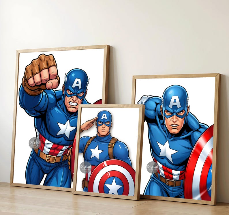 Captain America Inspired Wall Decor Set of 3, Superhero Prints for Boys Room, Kids Bedroom Art, Nursery Decor Posters, Instant Download