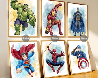 Superhero Nursery Prints Set of 6, Watercolor Boys Bedroom Wall Art, Spiderman Iron Man Hulk Superman Captain America Batman Poster Download