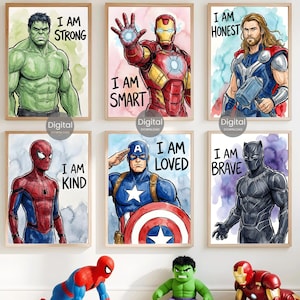 Superhero Prints Set Of 6, Watercolor Wall Art Boys Room Decor, Spiderman Iron Man Hulk Thor Captain America Black Panther Digital Download