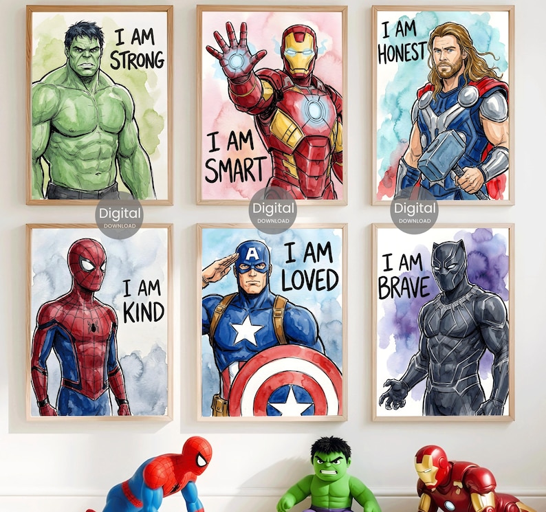 Superhero Prints Set Of 6, Watercolor Wall Art Boys Room Decor, Spiderman Iron Man Hulk Thor Captain America Black Panther Digital Download