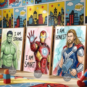 Superhero Prints Set Of 6, Watercolor Wall Art Boys Room Decor, Spiderman Iron Man Hulk Thor Captain America Black Panther Digital Download