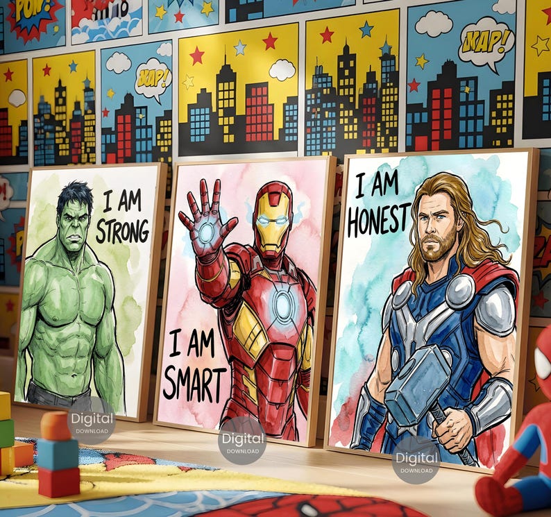 Superhero Prints Set Of 6, Watercolor Wall Art Boys Room Decor, Spiderman Iron Man Hulk Thor Captain America Black Panther Digital Download