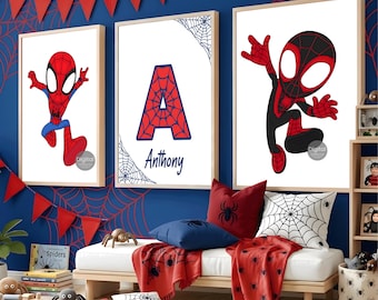 Spider-Man Nursery Wall Art Set of 3, Personalized Superhero Prints | Custom Name Boys Room Decor, Toddler Bedroom Posters Digital Download