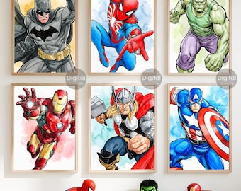 Láminas de superhéroes para pared, láminas de superhéroes para la habitación de niños pequeños, juego de 6 láminas, láminas de superhéroes para la decoración de la habitación de niños, descarga digital instantánea.