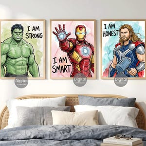 Superhero Prints Set Of 6, Watercolor Wall Art Boys Room Decor, Spiderman Iron Man Hulk Thor Captain America Black Panther Digital Download