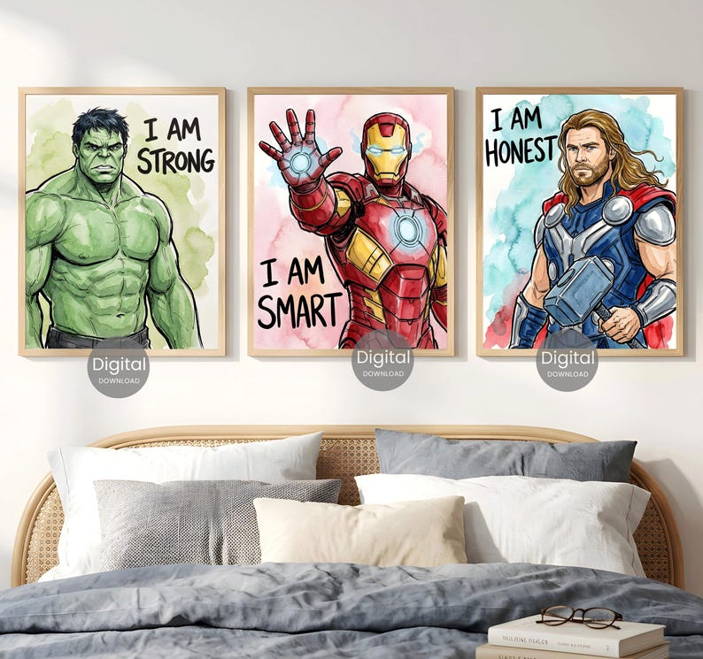 Superhero Prints Set Of 6, Watercolor Wall Art Boys Room Decor, Spiderman Iron Man Hulk Thor Captain America Black Panther Digital Download