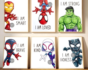 Spidey and His Amazing Friends Wall Art Prints Set of 6 | Kids Room Decor | Printable Wall Posters, Superhero Bedroom Art | Instant Download