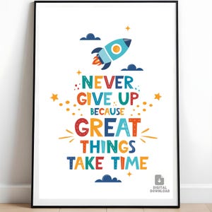 Nunca desista, porque grandes coisas levam tempo, pôster para impressão, arte de parede, decoração de parede, decoração de casa, escritório, download instantâneo digital
