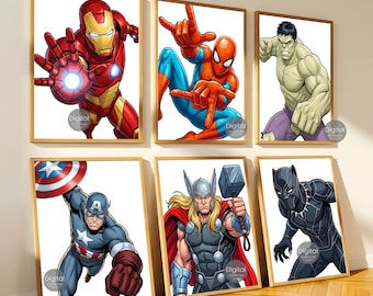 Superhero Prints Set of 6, Boys Room Decor, Superhero Wall Art, Spiderman Iron Man Hulk Thor Captain America Black Panther, Digital Download