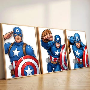 Captain America Inspired Wall Decor Set of 3, Superhero Prints for Boys Room, Kids Bedroom Art, Nursery Decor Posters, Instant Download
