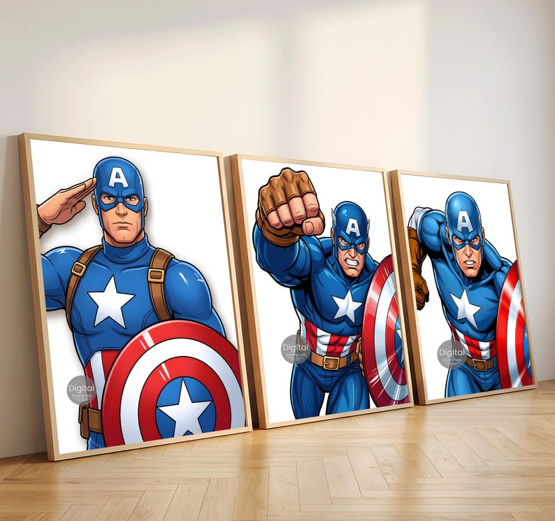 Captain America Inspired Wall Decor Set of 3, Superhero Prints for Boys Room, Kids Bedroom Art, Nursery Decor Posters, Instant Download