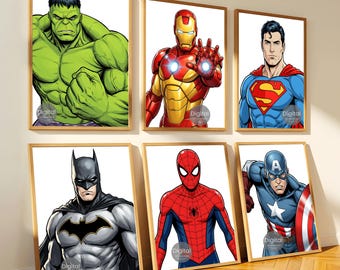 Superhero Nursery Decor Set of 6, Boys Room Prints Spiderman Iron Man Hulk Superman Batman Captain America Wall Art Instant Digital Download