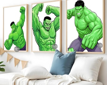 Superhero Wall Art Set of 3, Hulk Inspired Bedroom Decor, Boys Room Posters, Kids Nursery Wall Art, Printable Download