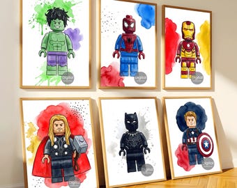 Mini Superhero Watercolor Prints Set of 6, Thor, Black Panther, Spiderman, Ironman, Hulk and Captain America Kids Wall Art Digital Download