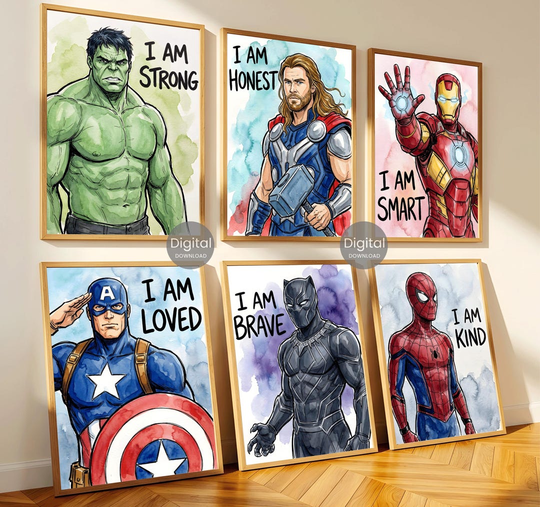 Superhero Prints Set Of 6, Watercolor Wall Art Boys Room Decor, Spiderman Iron Man Hulk Th