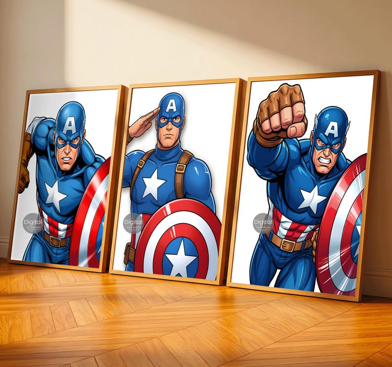 Captain America Inspired Wall Decor Set of 3, Superhero Prints for Boys Room, Kids Bedroom Art, Nursery Decor Posters, Instant Download
