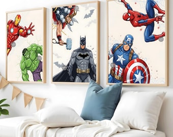 Superhero Wall Art Set, 3 Modern Avengers Prints, Boys Room Decor, Toddler Bedroom Posters, Birthday Party Decorations, Digital Download