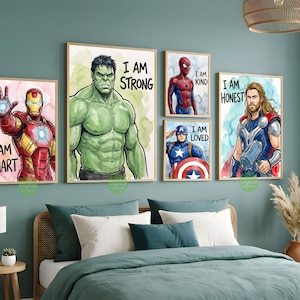 Superhero Prints Set Of 6, Watercolor Wall Art Boys Room Decor, Spiderman Iron Man Hulk Thor Captain America Black Panther Digital Download