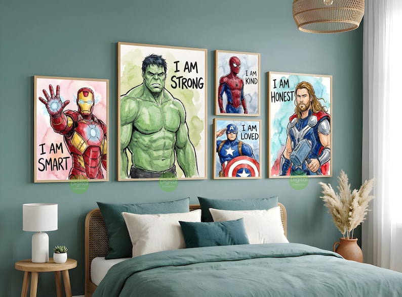 Superhero Prints Set Of 6, Watercolor Wall Art Boys Room Decor, Spiderman Iron Man Hulk Thor Captain America Black Panther Digital Download