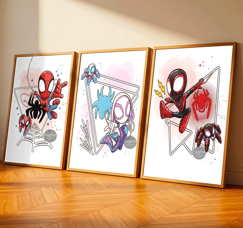 Spidey and His Amazing Friends Printable Wall Art Set of 3, Superhero Kids Room Decor, Spidey Posters, Digital Download
