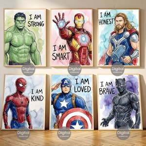Superhero Prints Set Of 6, Watercolor Wall Art Boys Room Decor, Spiderman Iron Man Hulk Thor Captain America Black Panther Digital Download