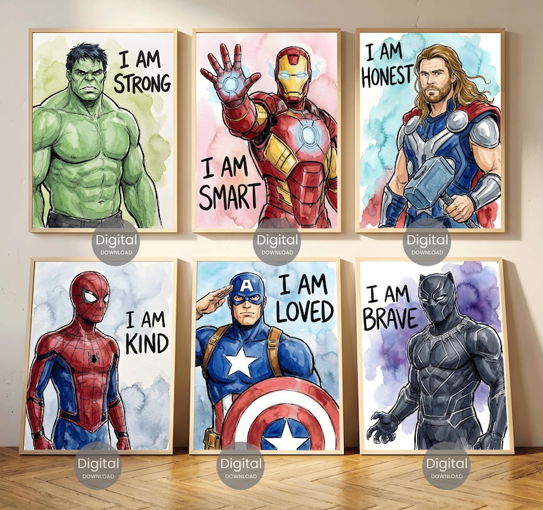 Superhero Prints Set Of 6, Watercolor Wall Art Boys Room Decor, Spiderman Iron Man Hulk Thor Captain America Black Panther Digital Download