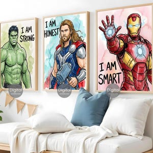 Superhero Prints Set Of 6, Watercolor Wall Art Boys Room Decor, Spiderman Iron Man Hulk Thor Captain America Black Panther Digital Download