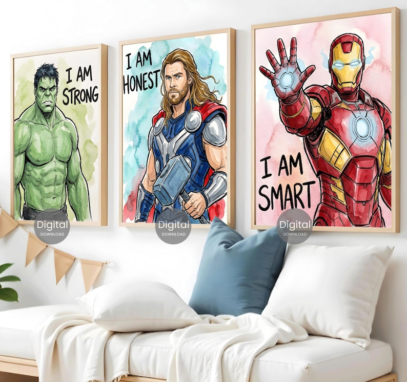 Superhero Prints Set Of 6, Watercolor Wall Art Boys Room Decor, Spiderman Iron Man Hulk Thor Captain America Black Panther Digital Download